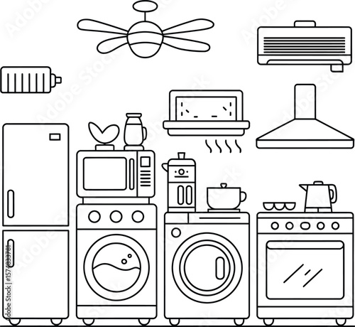 Modern Kitchen and Laundry Room Appliances in Outline Style