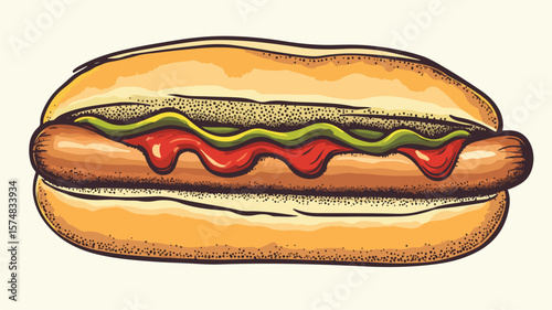 Delicious Hot Dog in Bun with Ketchup - Hand-drawn Simple Drawing for Food Lovers