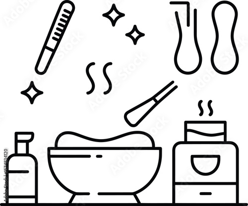 Spa treatment equipment illustration with steaming bowl and accessories.