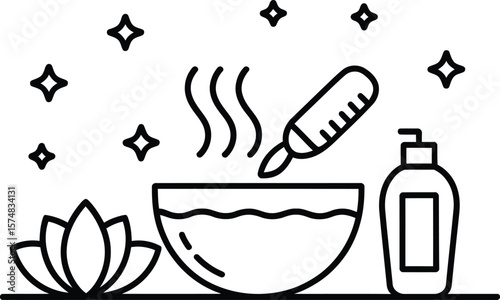 Spa treatment preparation with steaming bowl and lotion bottle