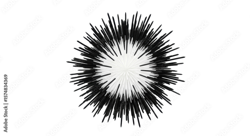 Obraz premium An abstract graphic design featuring a transparent circular core with sharp black radial lines emanating outwards, creating a powerful bursting effect against a transparent background, concept of