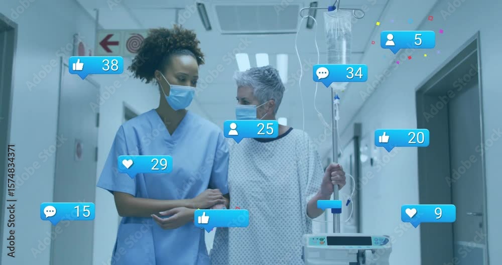 Nurse helping patient with IV drip walking hospital corridor as speech bubble fading icons rising