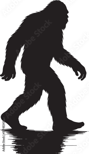 Bigfoot Yeti Black & white silhouette who is waling on a floor