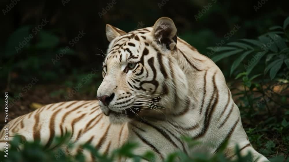 Majestic White Tiger: Portrait of a Rare and Beautiful Feline in Lush Habitat Majestic White Tiger: Portrait of a Rare and Beautiful Feline in Lush Habitat
