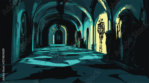 Gothic Chamber Filled with Unsettling Artwork for Dark and Mysterious Concepts