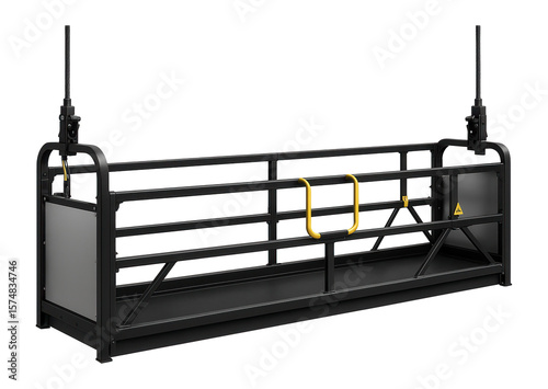 Heavy-duty suspended scaffold with reinforced side panels for cladding installation on high-rise buildings.