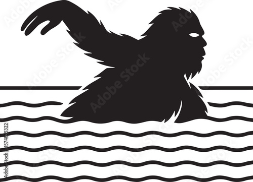 Bigfoot Yeti Black & white silhouette who is swiming on a pool
