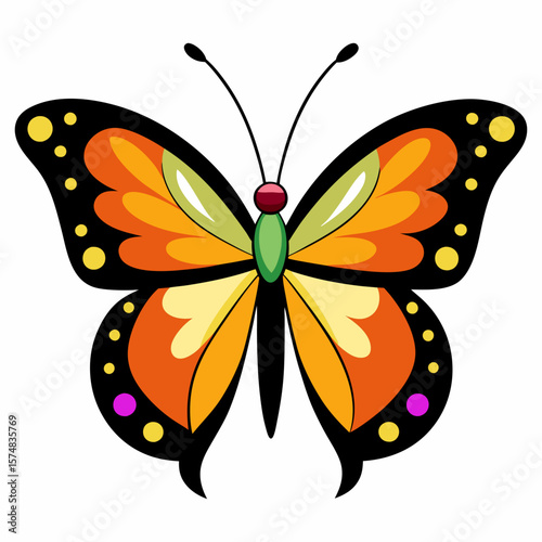 Colorful butterfly graphic with orange yellow green wings and black outline insect