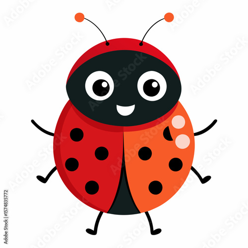 Cute cartoon ladybug with big eyes and smiling face on white background insect