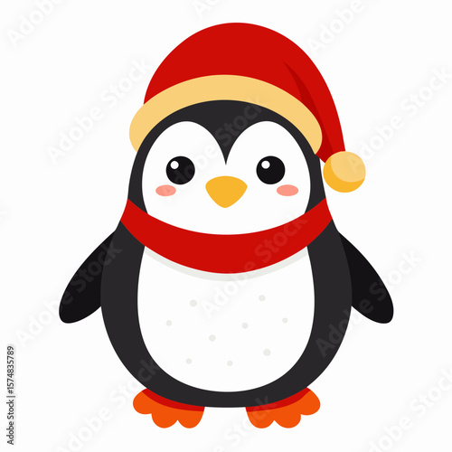 Cute cartoon penguin wearing a red santa hat and scarf christmas