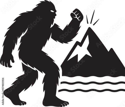 Bigfoot Yeti Black & white silhouette who is hitting a mountain
