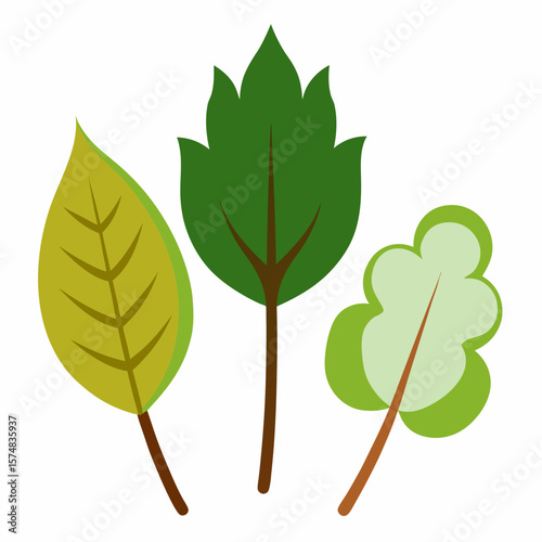 Three stylized leaves in green and yellow with brown stems leaf