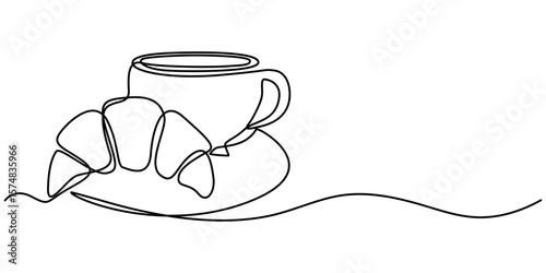 Coffee cup and croissant continuous line drawing. Vector illustration isolated on white, Breakfast icon line continuous drawing vector. One line Coffee with a croissant icon vector.                   