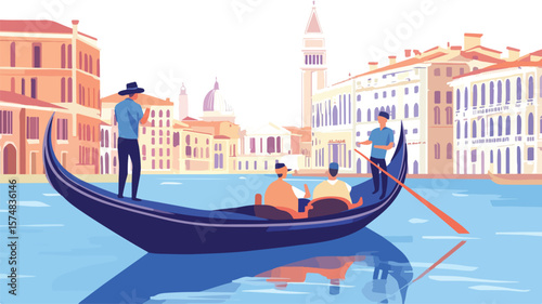 Elegant Venetian Gondola Concept with Men Sailing in Boat on Canal