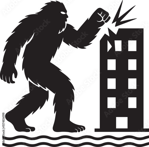 Bigfoot Yeti Black & white silhouette who is hitting a building