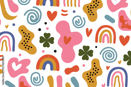Colorful pattern with rainbows, hearts, clovers, and abstract shapes on a white background


