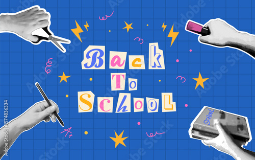 Back to school banner. School collage elements in retro halftone style. Trending collage style. Concept for school, college, university and study, educational materials, advertising, social media