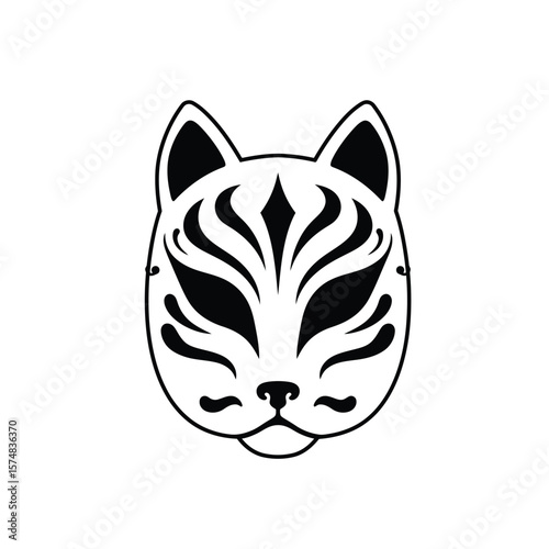 Black silhouette of a Japanese fox mask icon kitsune
