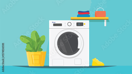 Modern Washing Machine with Clothes, Laundry Concept at Home