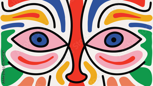 Abstract face with colorful shapes and bold outlines symmetrical design centered on the canvas art