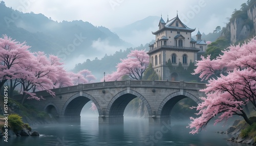 Pink cherry blossoms and a misty castle on a stone bridge