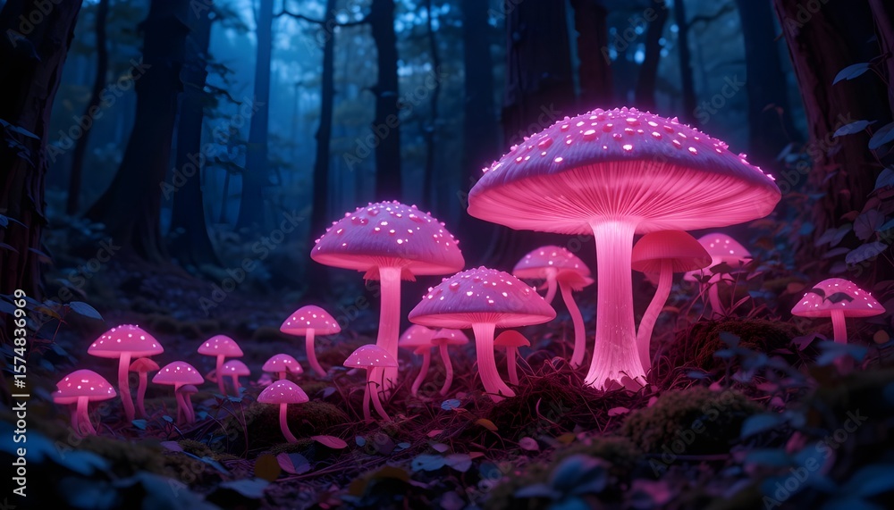 Fototapeta premium Glowy Pink Mushrooms in a Dark Forest