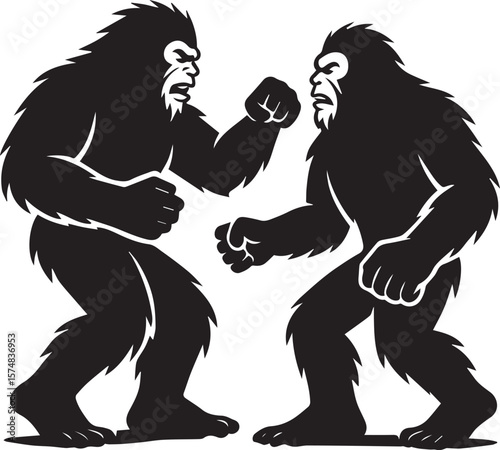 Bigfoot Yeti Black & white silhouette who is fighting with another yeti