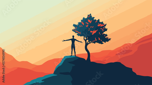 Man with Arms Stretched Out to Sides in Confident Pose