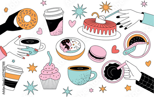 Illustrated assortment of sweets and beverages including donuts cake coffee and cupcakes on white


