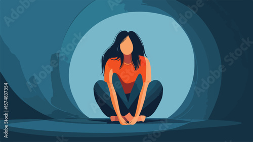 Fearful Young Woman Facing Claustrophobia in Co-ed Environment Concept