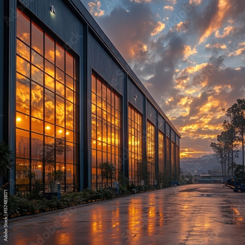 Modern building at sunset. Large windows reflect the vibrant sky, creating a striking image.