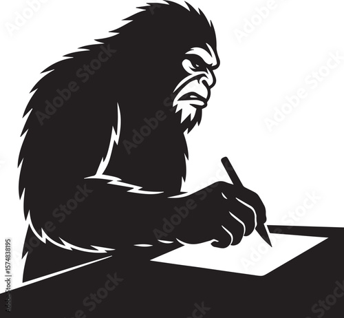 Bigfoot Yeti Black & white silhouette who is writing on a paper