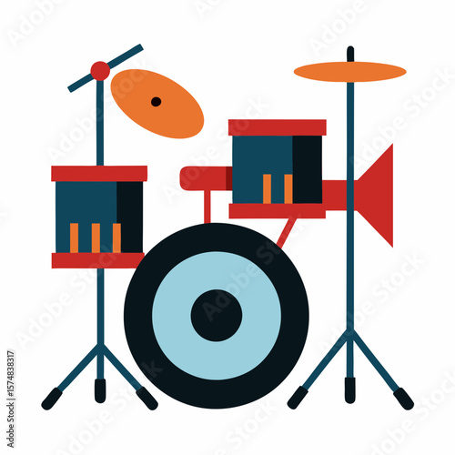 Flat cartoon drum kit with blue red and orange colors music instrument