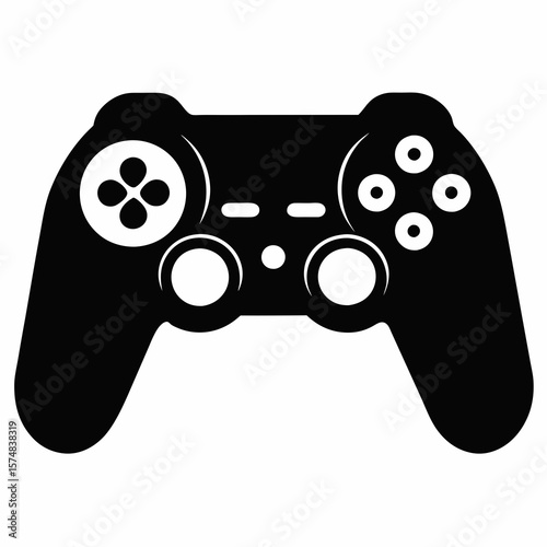 Black video game controller icon with white buttons and directional pad play gaming