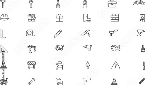 Construction Line Icons Set – Minimal Black Outline Tools, Vehicles, and Safety Equipment on White Background