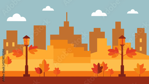 Autumn urban skyline silhouette at sunset with city buildings and industrial factory architecture