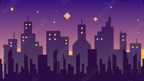 Dark urban skyline illustration with a winter night city and moonlit buildings under a starlit sky
