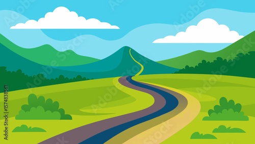 Winding road through green mountain landscape with a clear sky and distant hills