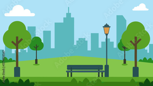 Urban city landscape vector illustration with green trees, buildings, and a clear sky, depicting eco-friendly architecture and nature