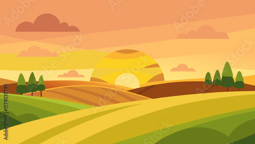 Vibrant vector illustration of a rural autumn landscape with rolling hills, a winding road, and a warm sunset sky