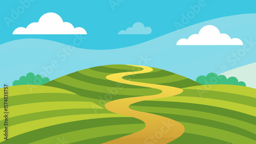 Green summer landscape with a blue sky and rolling hills