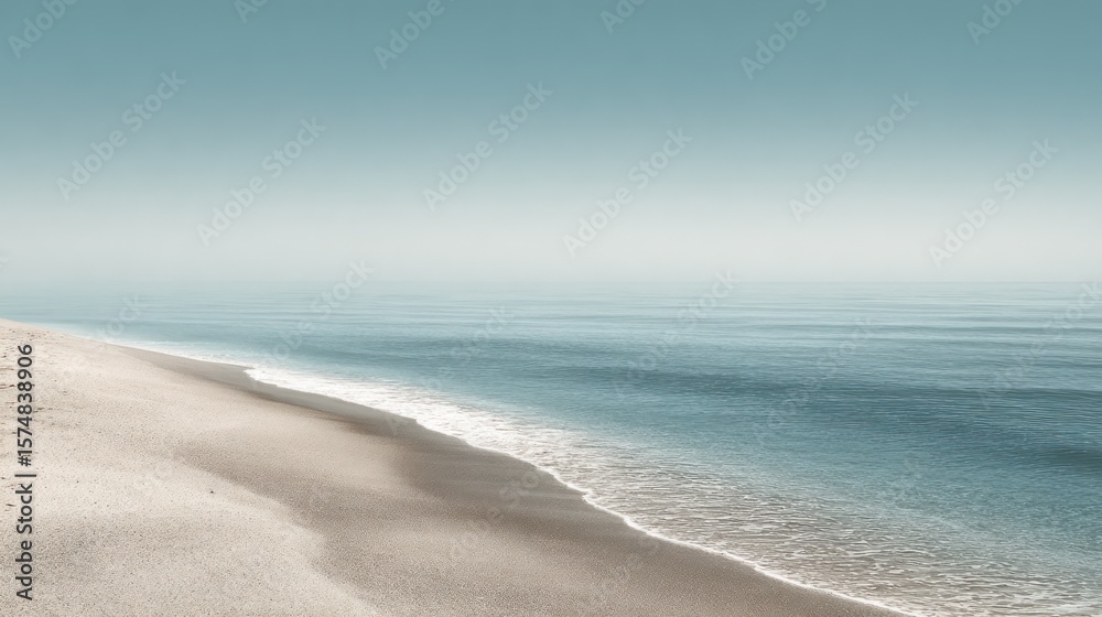 Obraz premium Serene coastal scene; calm ocean meets sandy shore