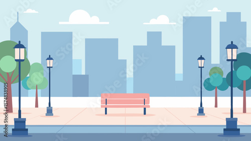 Urban business people walk a city street with a morning skyline of buildings and trees, a vector illustration of a bustling town
