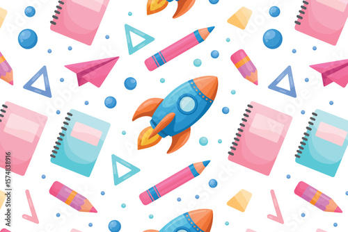 A seamless pattern featuring rockets, notebooks, pencils, and geometric shapes on a white background


