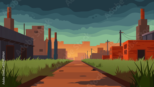 A striking silhouette of a power plant against the orange sunset sky of a city, also visible at night, with prominent buildings and a skyline