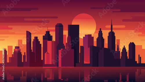 A stunning urban skyline silhouette at sunset with towering city buildings and vibrant sky
An architectural city skyline at night, capturing the urban panorama of downtown skyscrapers