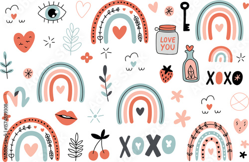 A whimsical pattern featuring rainbows, hearts, and various love themed decorative elements artfully arranged


