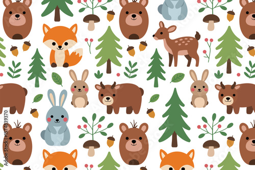 Seamless pattern featuring cartoon forest animals trees acorns and mushrooms on white background


