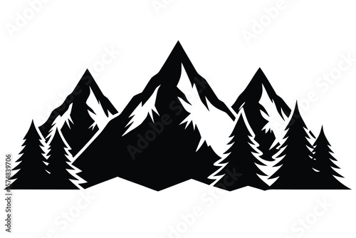 Mountain Peaks and Evergreen Trees Silhouette in Black and White Landscape Design Element