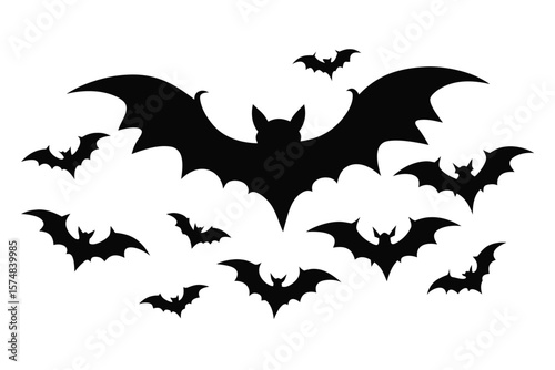 Silhouette Illustration Group of Black Bats Flying in Different Poses on a White Background